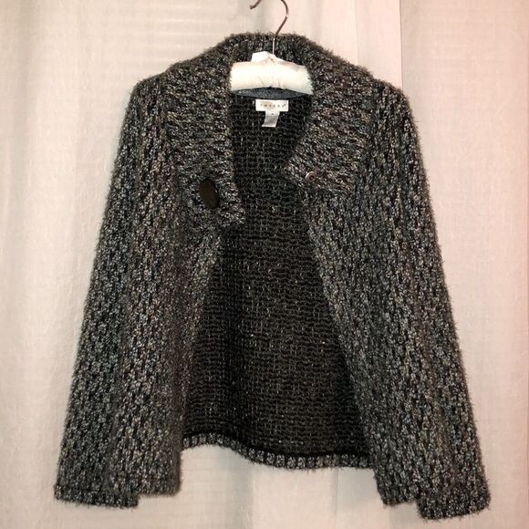 Tweeds M Wool Blend Olive Green Teal Gray White Boucle Chunky Knit Cardigan - Picture 3 of 15